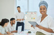 © peopleimages.com - Boardroom, tablet and woman in meeting, research and strategy for business in social media and portrait. Creative, collaboration and teamwork with internet, ideas and project of copywriting.