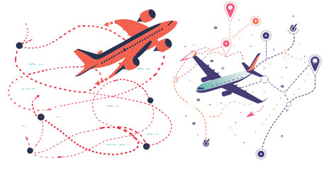 Poster - The path of the plane as it travels to its destination. The dotted route of the plane as it travels towards its destination.