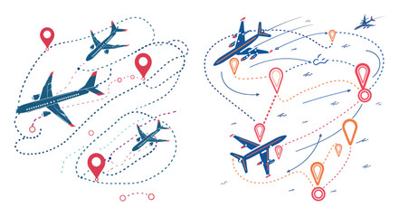 Aufkleber - The plane route line. This set of modern illustrations depicts a dotted flight pathway