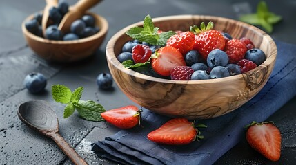 Poster - Fresh Berries in Wooden Bowl on Dark Table. Sumptuous Berry Assortment. Healthy Eating Concept. Rustic Style Culinary Photography. Simple Natural Ingredients. AI