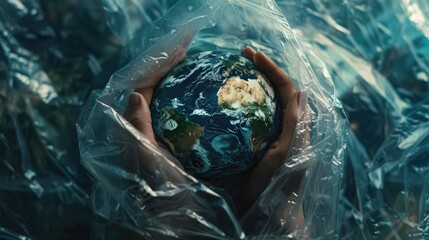 Canvas Print - On World Environment Day a powerful image emerges a person gripping the Earth tightly inside a plastic bag leaving room for a poignant message in this space reserved for social advertising