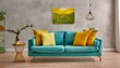 Mid-Century Chic: Teal Sofa with Vibrant Yellow Pillows in Modern Living Room