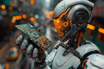Poster - This captivating image features a futuristic robot diligently examining or holding a computer motherboard, highlighting the synergy between humans and machines