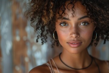 Wall Mural - A striking image of a young woman with curly hair and expressive wide eyes