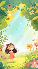 Wall Mural - Cheerful Girl Frolicking in Whimsical Floral Meadow of Spring Greenery and Blooms