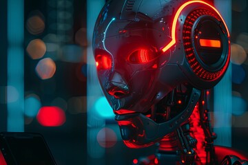 Poster - A robot with glowing eyes and a red light on its face, likely displaying information or status, designed by andrewz AI chat bot. Generative AI