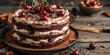 Close-up of a luscious German Black Forest cake, featuring layers of chocolate sponge cake, cherries, and whipped cream