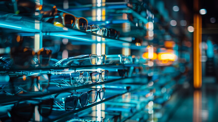 Spectacle optics shop, Fashion glasses on display on the shelf of the optical store mall