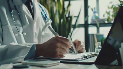 The doctor is a man and takes notes on a tablet in his office and writes a prescription to his patient, makes a diagnosis. Medical background	