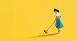 illustration d'une femme en train de passer le balais sur un fond jaune uni
