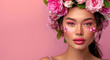 A beautiful woman with flowers in her hair and pink lipstick posing for the camera