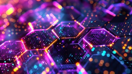 Poster - Close-up view of a vibrant electronic circuit with illuminated hexagonal shapes, suggesting advanced technology or computing.