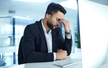 Aufkleber - Man, headache and frustrated in call center with computer in office, stress and anxiety from customer support. Worker, operator and telemarketing with sales consultant, mental health and tired.