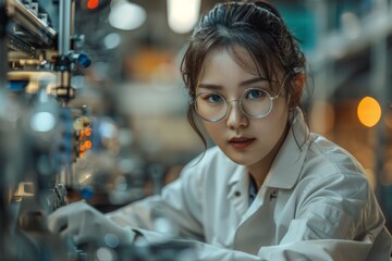Poster - Intense female scientist examining machinery equipment in a laboratory setting