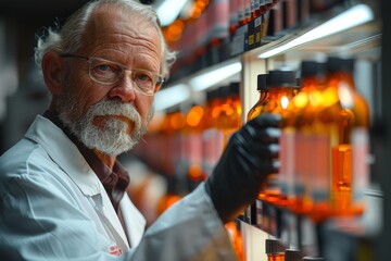 Poster - Senior male scientist with a beard inspects a sample carefully in a laboratory filled with glassware