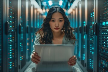 Poster - A woman in a white top is intensely focused on her tablet while standing in a server room with blue lighting