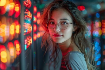 Poster - A young woman with glasses peers curiously at a server with colorful lights reflecting in her eyes