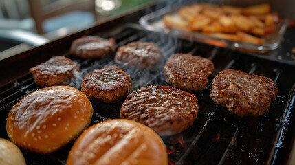 Sticker - During self isolation homemade burger buns and juicy meat cutlets sizzle on the hot iron grill ready for frying