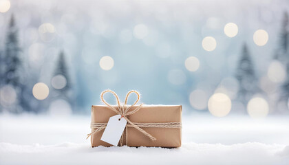 Small christmas parcel with snow and copy space