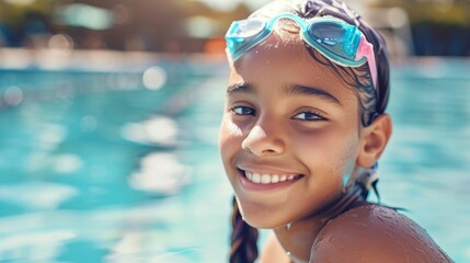 Portrait of a smiling female swimmer in water in pool