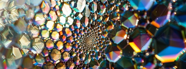 Poster - A close-up view of a colorful glass mosaic creating a kaleidoscopic effect with light reflections.