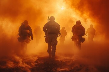 Silhouettes of military personnel are set against an intense orange haze, symbolizing the heat of conflict