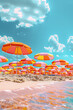 Multi-colored colored beach umbrellas dotting the sandy coastline under a blue sky