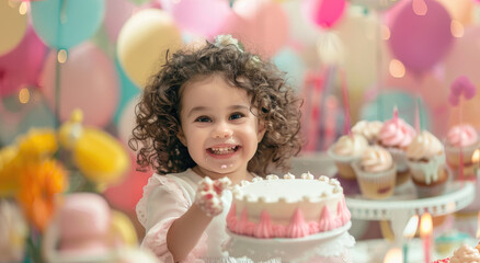 Wall Mural - A little girl is smiling and holding up her birthday cake in front of the camera, surrounded by colorful decorations.