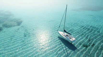 Wall Mural - Aerial view of sailing ship in sea water.