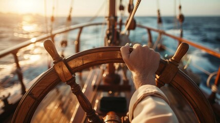 Wall Mural - A ship captain is navigating a ship in sea.