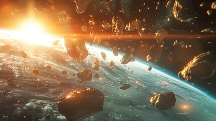 Poster - Large metallic asteroids from outer space hurtle towards the planet descending through its atmosphere in a dramatic celestial dance As rocks and debris scatter in the cosmic void the scene 