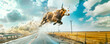 A cow hovering over the road in a surreal photo. Animal freedom . Panorama