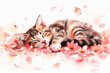 Happy kitten sleep in the spring flowers on white background. Holliday watercolor illustration