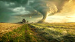 A tornado against a backdrop of gray clouds, a meadow and rural house. Landscape with storm.
