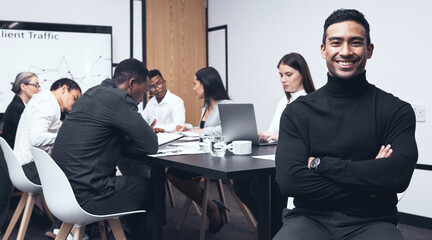 Poster - Meeting, crossed arms and portrait of businessman in office for collaboration in sales pitch ideas. Smile, confident and professional male manager working with team for crm planning in workplace.