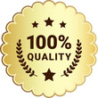 100 percent quality product label sign. Round premium product guarantee golden logo with stars, laurel crown. Vector gold wavy badge, rubber seal stamp symbol for sticker, logo, certificate.