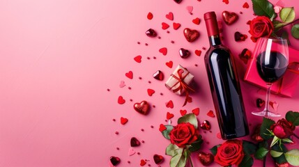 Wall Mural - Valentine s Day dinner featuring a gift red wine roses and heart decorations on a pink backdrop Captured from above with empty space available for text Ideal for a heartfelt Valentine s Day