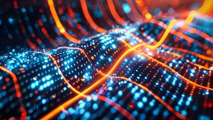 Poster - Glowing data binary code background with digital particles and orange lights