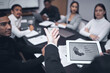 © peopleimages.com - Business meeting, tablet screen or graph presentation for people in office for data analytics, review or target audience statistics. Dashboard, erp or digital marketing team with speaker for training