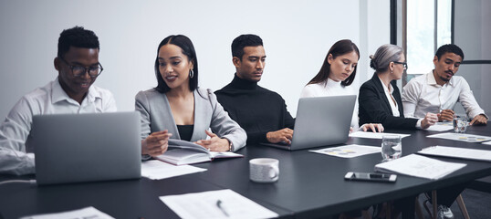 Poster - Online, working and group with laptop in boardroom, meeting and training for networking and internet. Women, men and colleagues together for business, creative and copywriting for teamwork of project