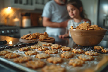 A father-daughter cookie baking session with a mixing bowl and cookie cutters. A sheet of unbaked cookies sits on the countertop, ready for the oven.