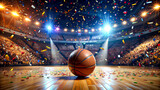 Fototapeta Sport - Close up of a basketball ball in the center of the stadium, winning a basketball game