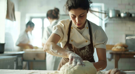 Wall Mural - A woman in an apron kneading dough on the table, with her hands covered by flour and she is looking at it intently, while behind him there's another person making bread in the background