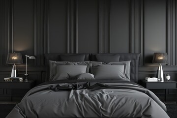Wall Mural - The elegance of a minimalist bedroom with black decor elements and dark gray wall paneling, offering a stylish and modern retreat