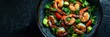 Fresh Avocado shrimp salad with lime cilantro dressing, realistic food banner, top view with copy space