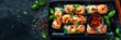 Fresh Avocado shrimp spring rolls with peanut dipping sauce, realistic food banner, top view with copy space