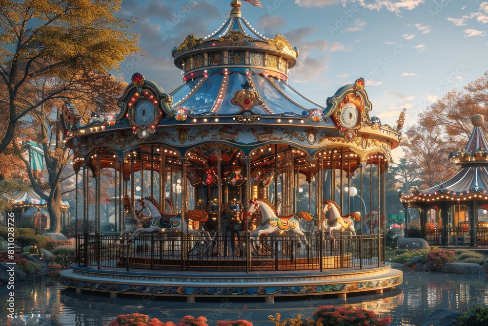 An ornate carousel with glowing lights and horses serves as the ...
