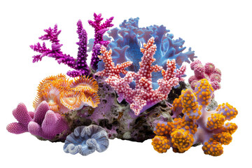 colorful branches coral reef growing on sea stone isolated on background, marine plants underwater