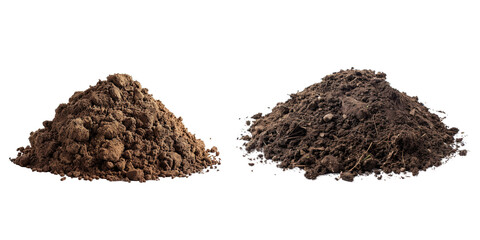 Couple pile of dark soil with little dry root and leaves isolated on background, Dirty heap of ground.