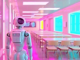 Wall Mural - 3d futuristic illustration pop art color of a hightech classroom with holographic displays and robot